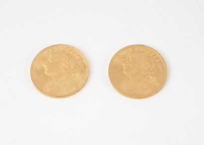 SUISSE
Lot de deux pièces de 20 francs or,...