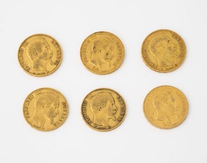 France
Lot de 6 pièces de 20 francs or, Paris...