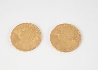 SUISSE
Lot de deux pièces de 20 francs or,...
