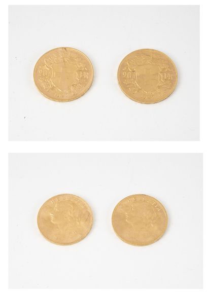 SUISSE
Lot de deux pièces de 20 francs or,...