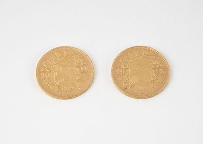 SUISSE
Lot de deux pièces de 20 francs or,...