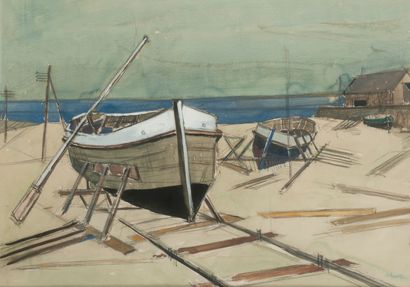 Claude Aliotti (1925-1989)
Boats at low tide.

Watercolor...