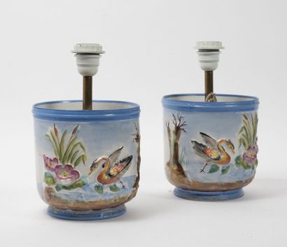 Pair of vases in baluster in yellow enamelled...