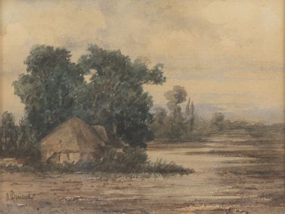 A. DEMAREST
Cottage near a body of water.

Watercolor.

Signed...