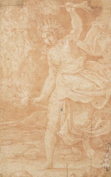 Woman holding torches.

Print in the manner...