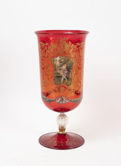 MURANO Ars Cenedese 
Red glass vase on pedestal,...