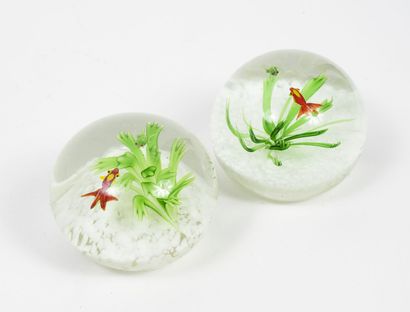Two paperweights in colorless glass with...