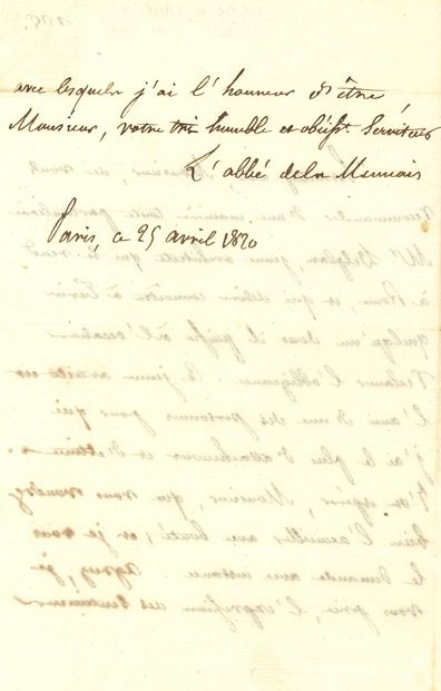 Félicité de LAMENNAIS (1782-1854).

L.A.S....