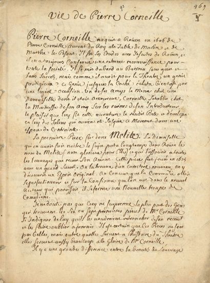 [CORNEILLE Pierre]. 

MANUSCRIT, Vie de Pierre...