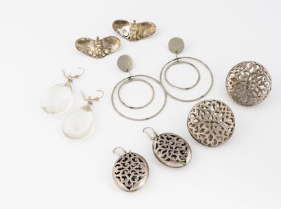 Lot of five pairs of metal earrings including...