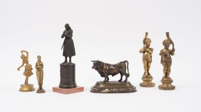 Lot of six statuettes in patinated or gilded...