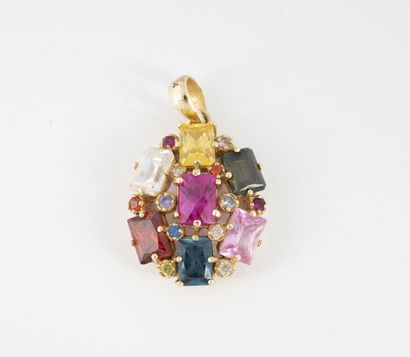 Yellow gold pendant (585) with faceted colored...