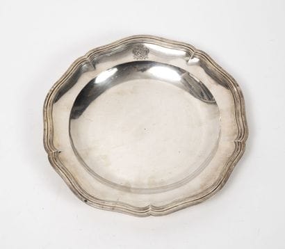 Round and hollow silver dish (950) with scalloped...