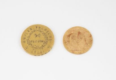 FRANCE
Two gold coins: 
-20 gold francs,...