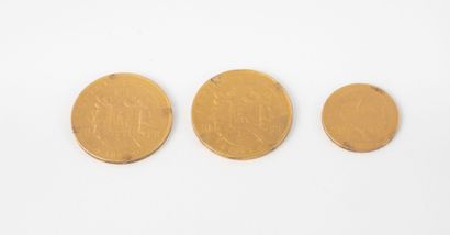 FRANCE, 
Three gold coins :
- 50 Francs,...
