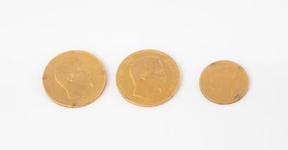 FRANCE, 
Three gold coins :
- 50 Francs,...