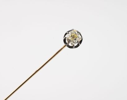 Metal collar pin set with a cushion-cut diamond...