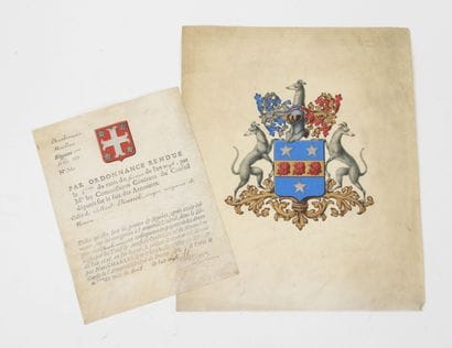 Two vellums :
- Coat of arms of Pierre CORNEILLE,...