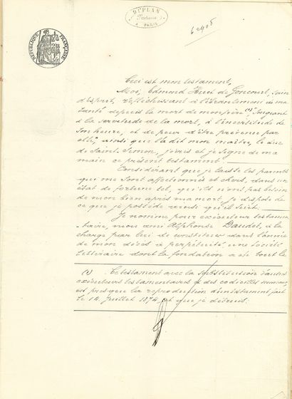 Edmond de GONCOURT (1822-1896)
Handwritten...