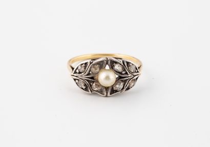 Yellow gold (585) and silver (800) ring with...