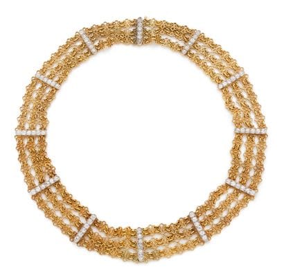 Elegant three-row ribbon necklace in yellow...