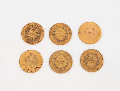 FRANCE 
Lot de six pièces de 10 Francs or...