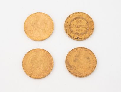 FRANCE 
Lot de quatre pièces de 20 francs...