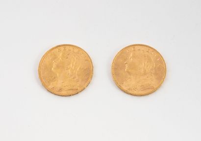 SUISSE 
Deux pièces de 20 Francs or, 1914...