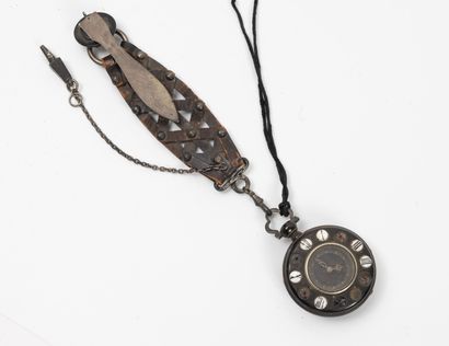 Amusing metal and wood pocket watch. Dark...