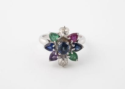 A white gold (750) flower-shaped ring with...