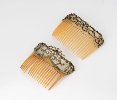 Two horn hair combs with metal mountings,...