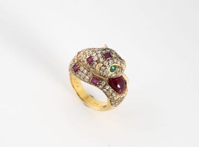 Yellow gold (750) panther ring paved with...