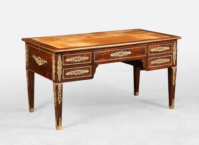 Veneered flat desk opening at the waist with...