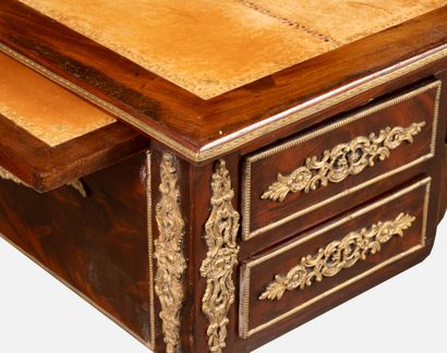 Veneered flat desk opening at the waist with...