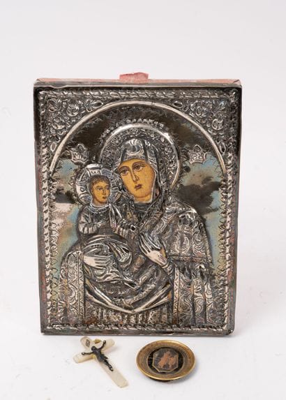 Icône.
Vierge à l'Enfant orthodoxe.
Tempera...