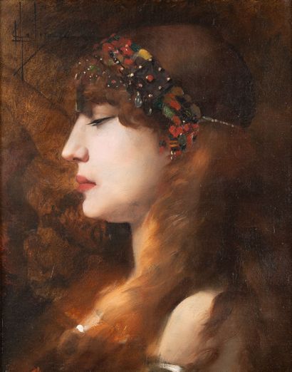 COLOTT ???
Bust of a woman with a flowery...