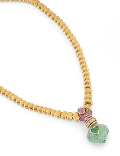 Yellow gold (750) drop-cut heart link necklace,...