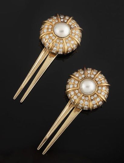 Two bun pins in yellow gold (750), the dome-shaped...