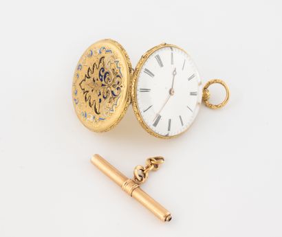 Yellow gold (750) gousset watch with polychrome...