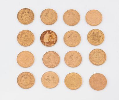 FRANCE, 
Lot de 16 pièces de 20 francs or...