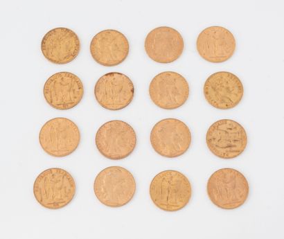 FRANCE, 
Lot de 16 pièces de 20 francs or...