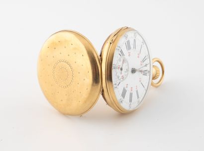Pocket watch in yellow gold (750). 
White...