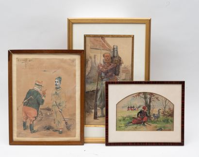 3 dessins à l'aquarelle :
- Jules MONGE (1855-1934)
Bivouac...
