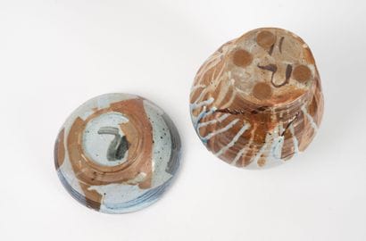 Vase and bowl.
Enameled stoneware.
Signed...