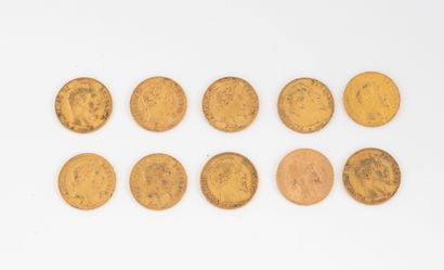 FRANCE
Lot of 10 pieces of 20 francs gold.
Napoleon...