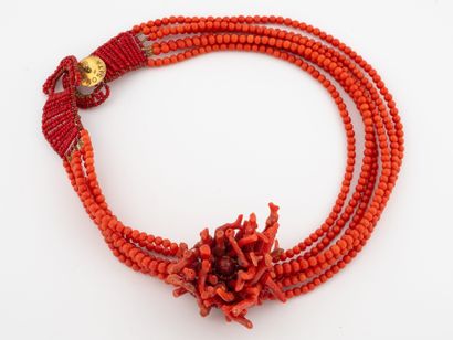 Six-row necklace of round red coral beads...