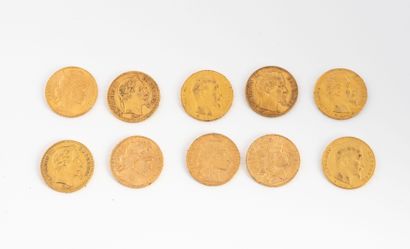 FRANCE
Lot of 10 20 franc gold coins.
Napoleon...