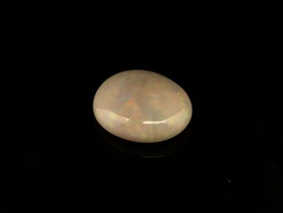 Oval-cut white opal cabochon on paper.
Probable...