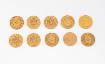 FRANCE
Lot of 10 pieces of 20 francs gold.
Napoleon...