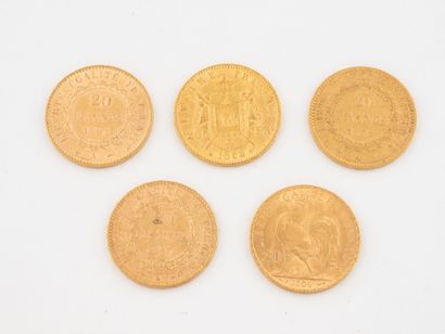 FRANCE,
Lot of 5 20 franc gold coins including:...